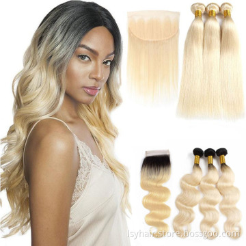 100% Unprocessed Caucasian Human Hair 1B 613 Blonde Ombre Color Remy Ukrainian Hair Weave Bundles With Lace Closure Frontal